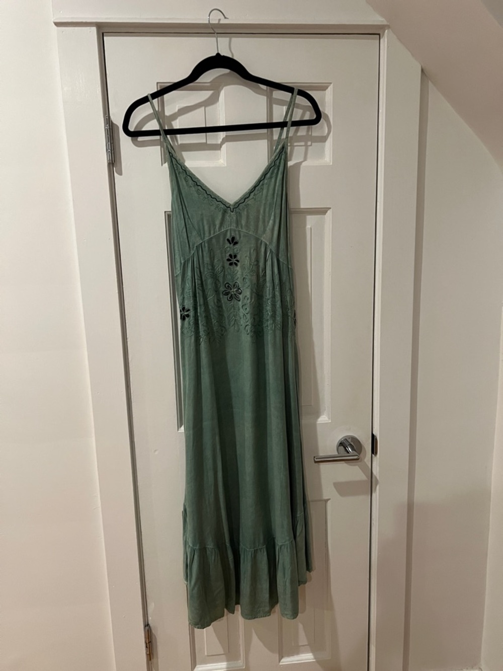 Blue Sky Sage Green Maxi Slip Dress with Embroidered Accents